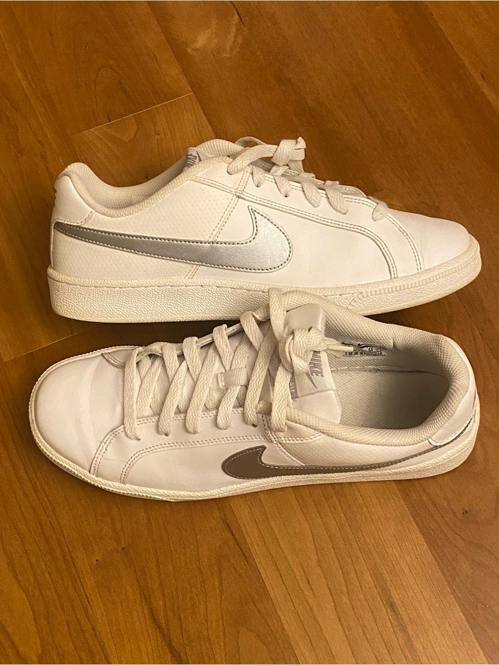 Nike White Court Royale Sneakers with Metallic Silver Swoosh